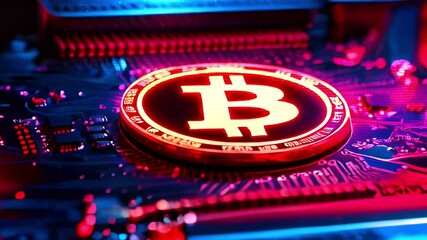 Bitcoin cryptocurrency coin on a glowing circuit board with red and blue light. - Powered by Adobe