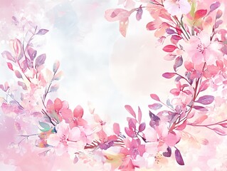 Fototapeta premium A beautiful watercolor painting of a pink flowery border with a blue sky in the background. The flowers are pink and the sky is a light blue color. The painting has a serene and calming mood
