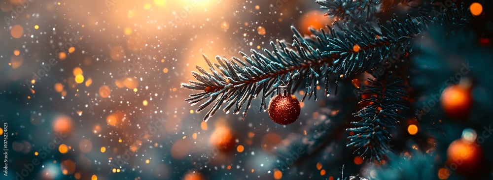 Poster a christmas tree with a red ornament hanging from it. the tree is surrounded by snow and the snowfla