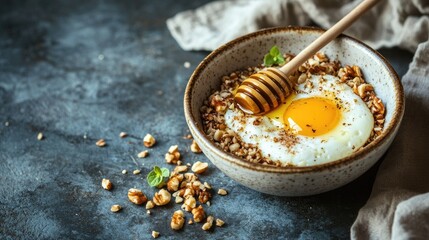 Fototapeta premium Delicious Breakfast Bowl with Egg, Honey, and Nut Topping Served on Rustic Surface, Perfect for Healthy Meal Inspiration and Food Photography