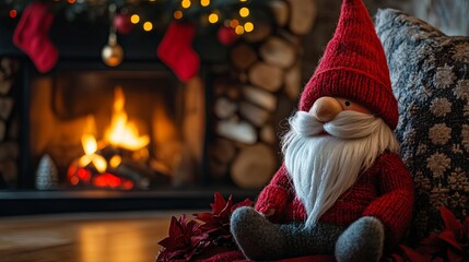 Christmas gnome by the fireplace