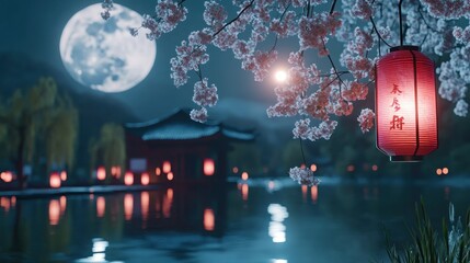 Tranquil Night Scene with Glowing Lanterns
