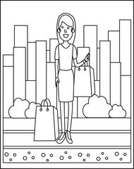 Vector coloring page with girl shopping. Children's coloring book. Teenager, fashion.