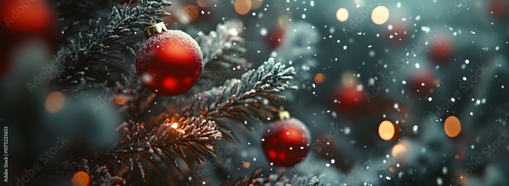 Poster a christmas tree with red ornaments and snow falling on it. the tree is lit up with lights and the s