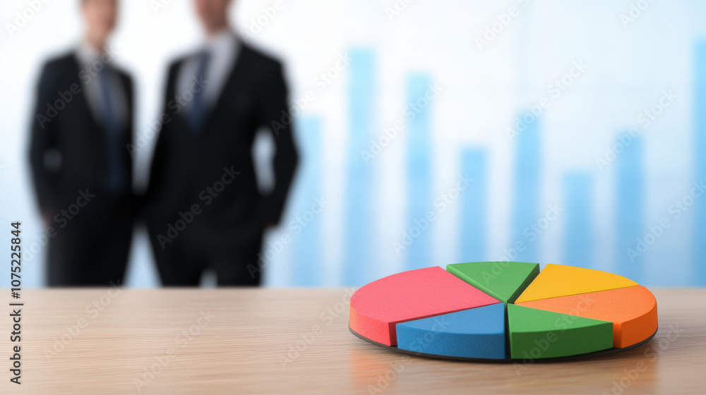 Poster business team working together to analyze data with colorful pie chart. blurred figures in suits rep