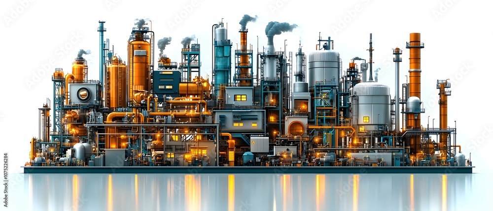 Poster modern industrial complex featuring various structures and operations, with smokestacks, storage tan