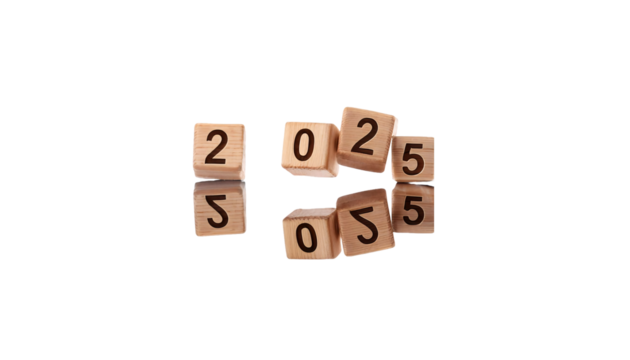 A wooden cubes word 2025 PNG transparent background design for new year 2025