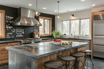 Modern American kitchen interior design with black and white contrast, concrete countertops, stainless steel appliances, and a chalkboard wall for family messages.