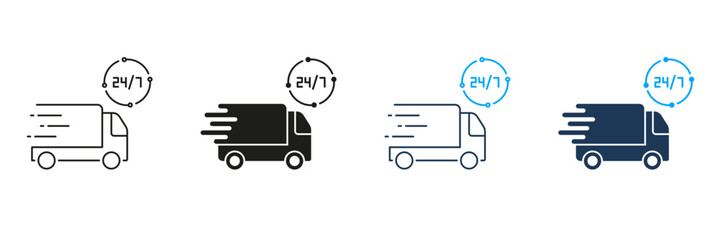 Delivery Service Around The Clock Line and Silhouette Icon Set. Parcel Shipment Time Pictogram. Twenty Four Hour Delivery Sign. Editable Stroke. Isolated Vector Illustration