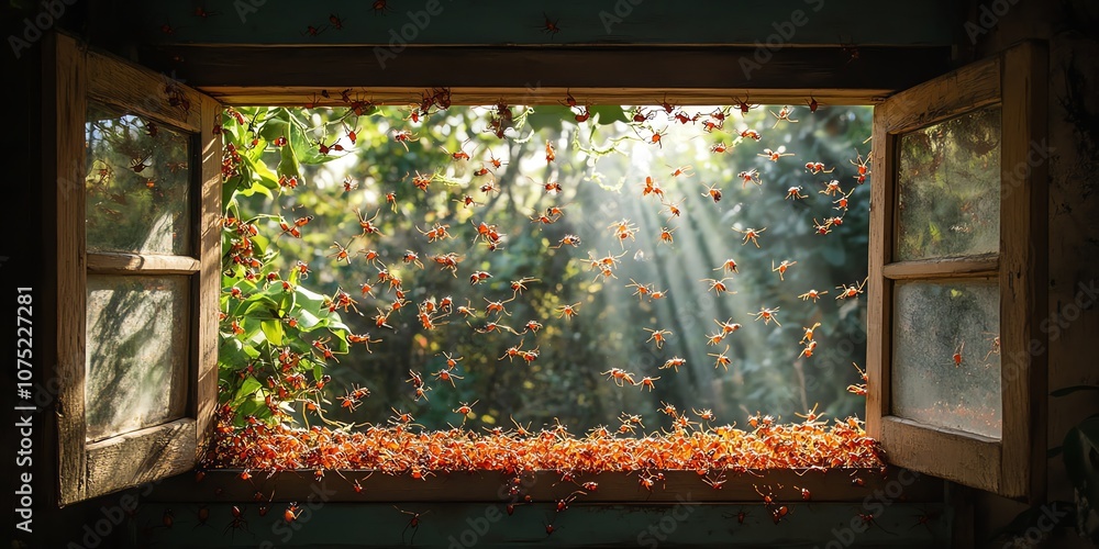 Poster sunbeams stream through an open window, illuminating a swarm of insects flying outside.