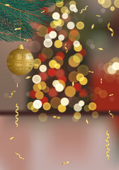 A blurred Christmas background with a Christmas tree and a golden ball