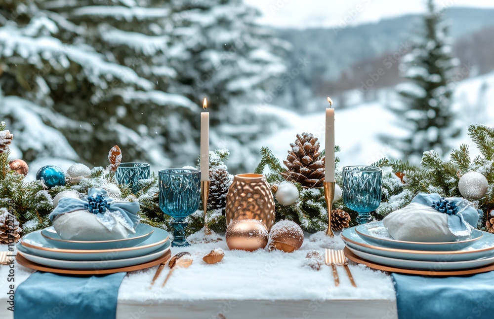 Aufkleber a table with a blue tablecloth and a white tablecloth with a blue napkin. there are two plates with 