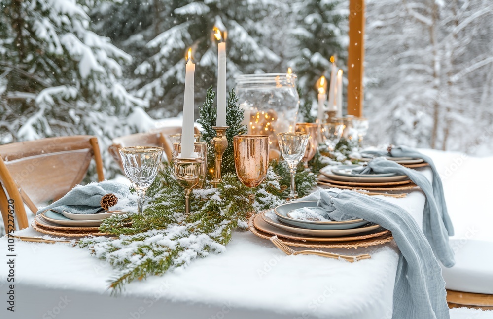 Poster a table with a white tablecloth and a silverware set with a christmas tree centerpiece. the table is