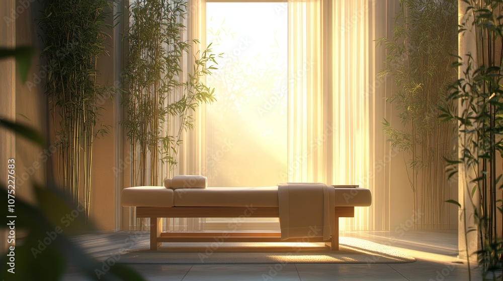 Poster massage table draped with white towels is illuminated by golden light streaming through a large wind