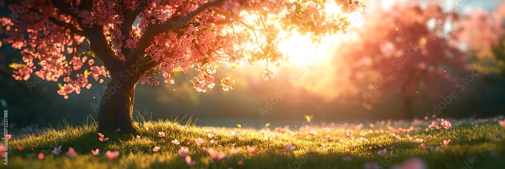 Poster a tree with pink blossoms is in a field of grass. the sun is shining brightly, creating a warm and p