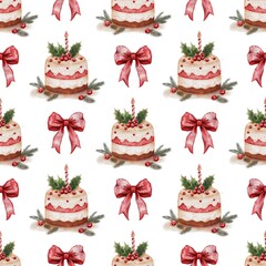 Seamless watercolor Christmas pattern with festive cupcakes on a white background. Ideal for holiday gift wrap, greeting cards, seasonal textiles, fabric prints, digital paper, and festive decor.