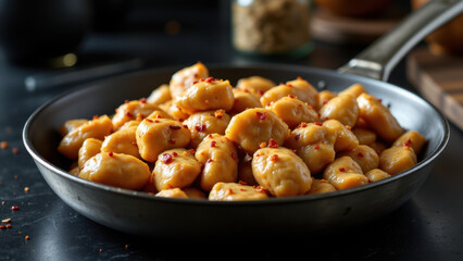 A mouth-watering pan of Marry Me Chicken, golden-brown with a sprinkle of red spices on each piece.