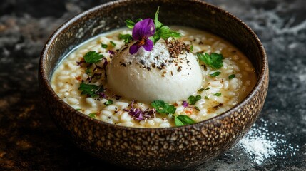Creamy soup in a rustic bowl garnished with fresh herbs and edible flowers, featuring a dollop of whipped cream for a visually appealing and delectable dish