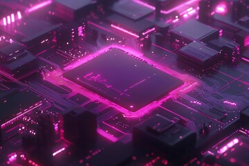 Abstract Futuristic Technology Background: Neon Glow Circuit Board with Processor