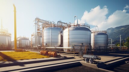 Obraz premium Industrial storage tanks at sunset with reflection in water, serene industrial landscape.
