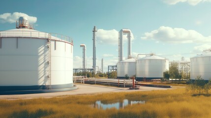 Obraz premium Industrial storage tanks at sunset with reflection in water, serene industrial landscape.