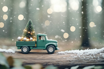  toy green truckr loaded with a Christmas tree with shiny lights ans ornaments travels along a log in a serene winterforest, surrounded by blurred frozen foliage