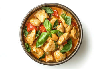 Delicious chicken curry garnished with fresh basil and vegetables served in a bowl, highlighting vibrant colors and flavors. Generative AI