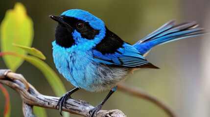 Vibrant Blue Fairy Wren Perched on a Branch in Natural Habitat with Lush Green Background