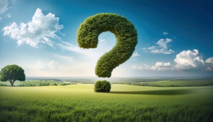 Question mark formed entirely from lush, green grass, set against a grass-covered background. Symbolizes environmental questions, sustainability, and nature-related inquiries, eco-friendly and nature