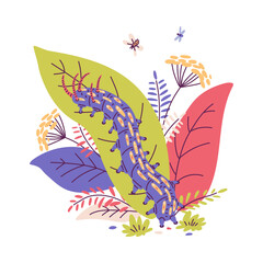 Long purple caterpillar crawling on a leaf in the garden.