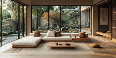 Minimalist Japanese-style living room with a low sofa and a wooden coffee table, overlooking a zen garden through large windows.