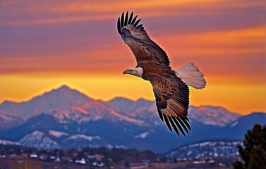 Fototapeta premium A majestic eagle soars against a vibrant sunset backdrop with mountains in the distance.