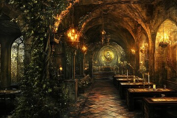 Obraz premium Gilded dining room and a large, magical banquet. Generative Ai