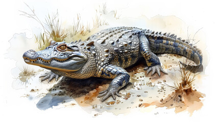 Obraz premium Baby alligator is laying on the ground. The image has a calm and peaceful mood. The alligator is the main focus of the image, and it is the only animal visible