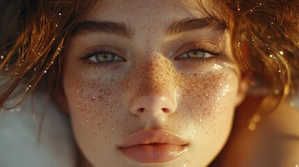 Radiant Beauty: Close-Up Portrait with Glowing Freckles and Captivating Eyes