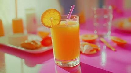 Refreshing Orange Drink with a Slice of Citrus on a Bright Pink Table, Surrounded by Snacks and Soft Light for a Vibrant Summer Vibe