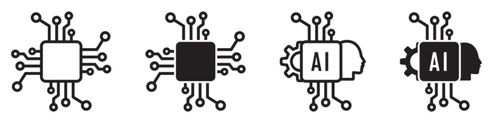 Set of artificial intelligence icons. Digital mind symbol, smart hardware. Head, brain, ai, gear, machine, technology, robot. Vector.