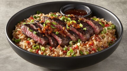 Fototapeta premium Grilled Steak Slices Resting on Flavorful Fried Rice with Vegetables and Sauce in a Black Bowl for an Appetizing Culinary Experience