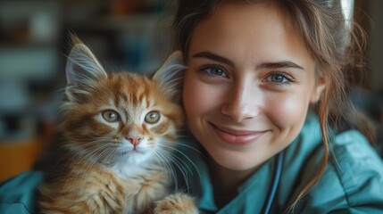 veterinarian examining a playful puppy and kitten in a cheerful clinic setting, emphasizing the care and attention given to pets. the warm atmosphere conveys professionalism and love for animals