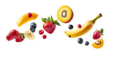 Bright various fruits including of banana, strawberry, blueberry and other isolated on background, juicy and healthy flavors organic food.