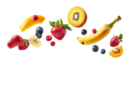 Bright various fruits including of banana, strawberry, blueberry and other isolated on background, juicy and healthy flavors organic food.