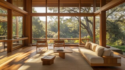 Serene Modern Interior of a Wooden House Surrounded by Nature with Large Windows Allowing Ample Sunlight and Offering a Peaceful View of the Outdoors