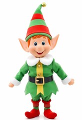 Cheerful christmas elf with pointed ears and festive attire presents a holiday greeting. New year