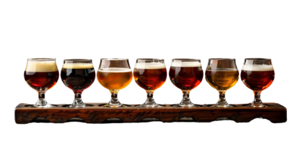 Craft Beer Tasting Flight on Wooden Tray Variety of Ales IPA Lager Stout Blonde Amber Pale Ale