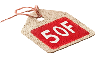 Red and White 50F Tag with String Sale Discount Offer Price Label Retail Branding Marketing