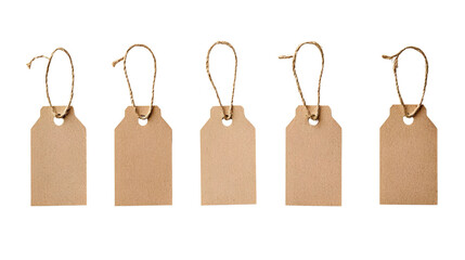 Five blank brown kraft paper tags with twine hanging transparent background