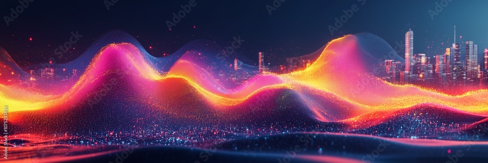 Poster a glowing data visualization of colorful sound waves with detailed mountains and city lights in the 