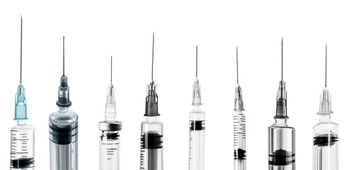 Collection of Syringes with sharp needle tips for medical used isolated on background, equipment for measuring and dispensing fluid.