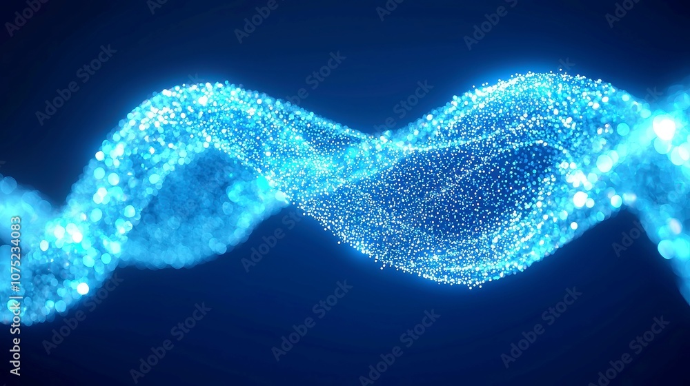 Poster glowing wave of particles, an abstract digital landscape featuring a flowing wave of luminous partic