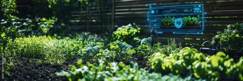 Poster the smart garden showcases a variety of healthy plants with advanced technology, including soil sens